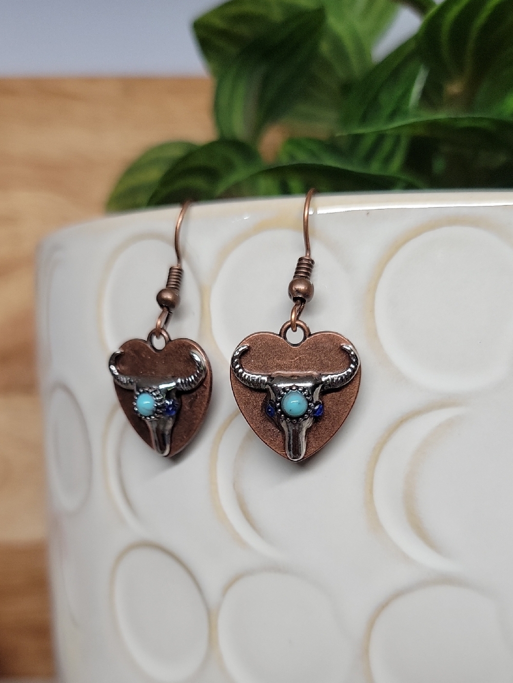 Turquoise Accent Copper Heart Longhorn Earrings - Women Jewelry - Picture 6 of 6